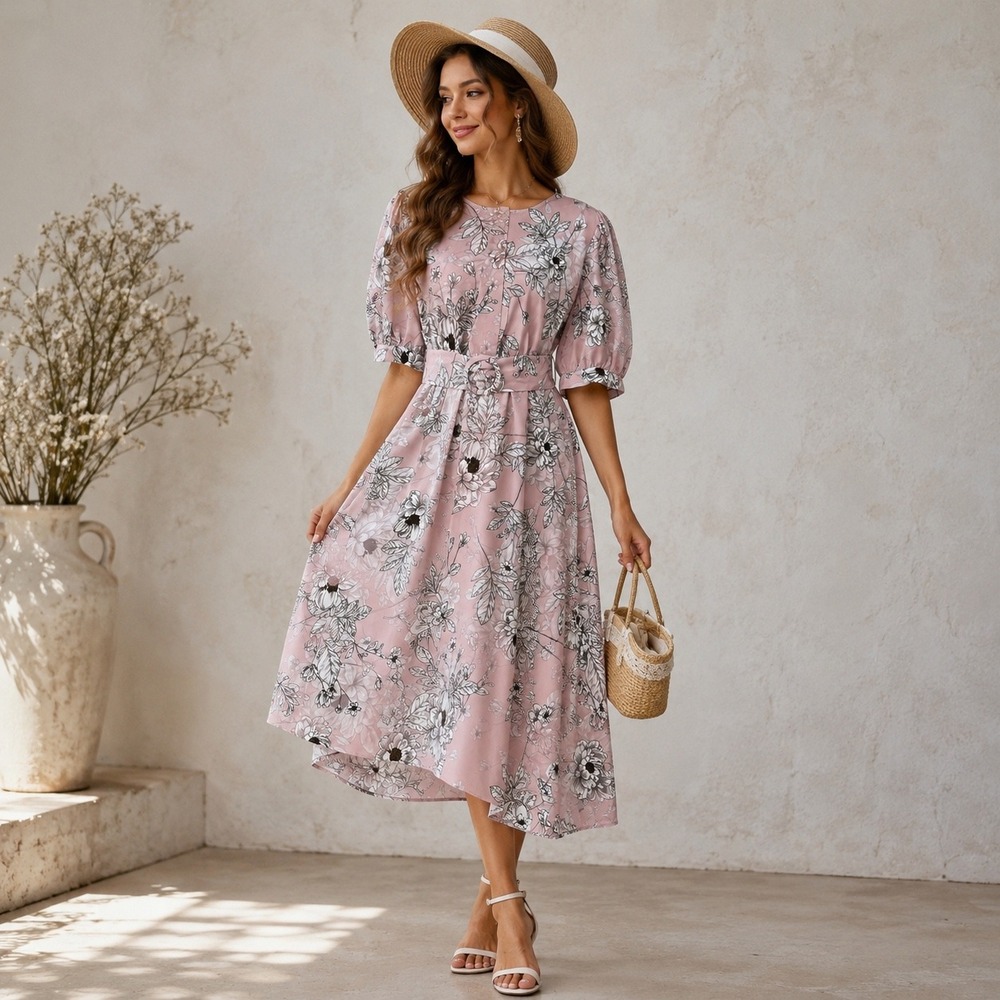 Karl Lagerfeld Paris Pink Floral Belted Dress Puff Sleeve Pockets Size 10 (P672)